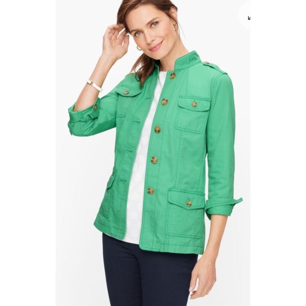 Talbots Womens L Utility Military Cargo Jacket Green Long Sleeve Button Pocket